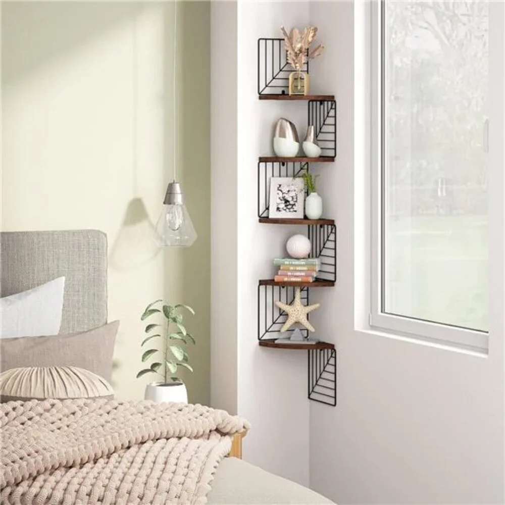 Corner Shelf Wall Mount of 5 Tier, Rustic Wood Floating Shelves Wall Shelves